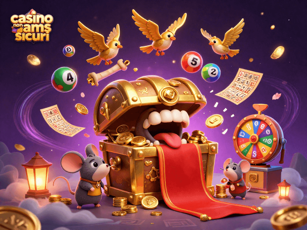 Scopri i bonus nei casino non AAMS sicuri con premi e ricchezze in un'illustrazione accattivante.