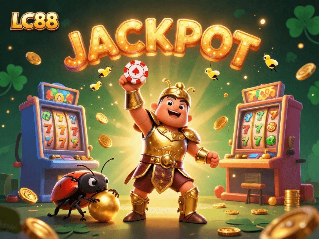 Experience the excitement of LC88 gaming with a triumphant hercules beetle showcasing jackpot winnings.