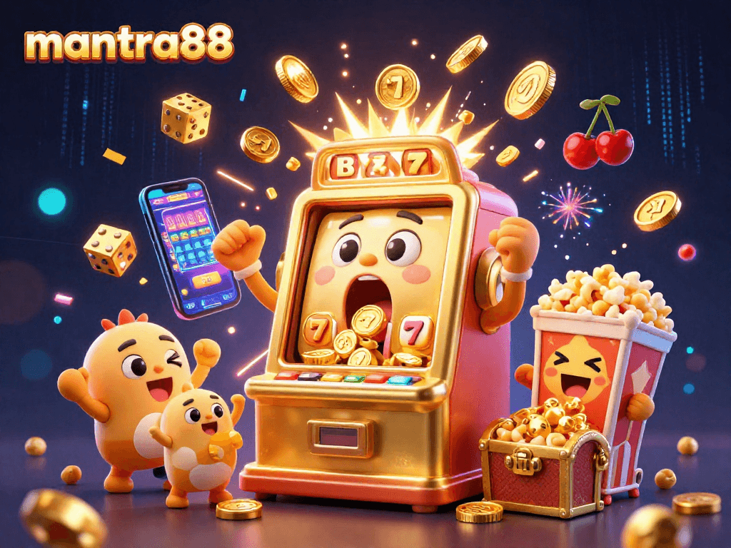 Experience the excitement with mantra88 as the golden slot machine hits a jackpot amidst a flurry of coins and symbols.