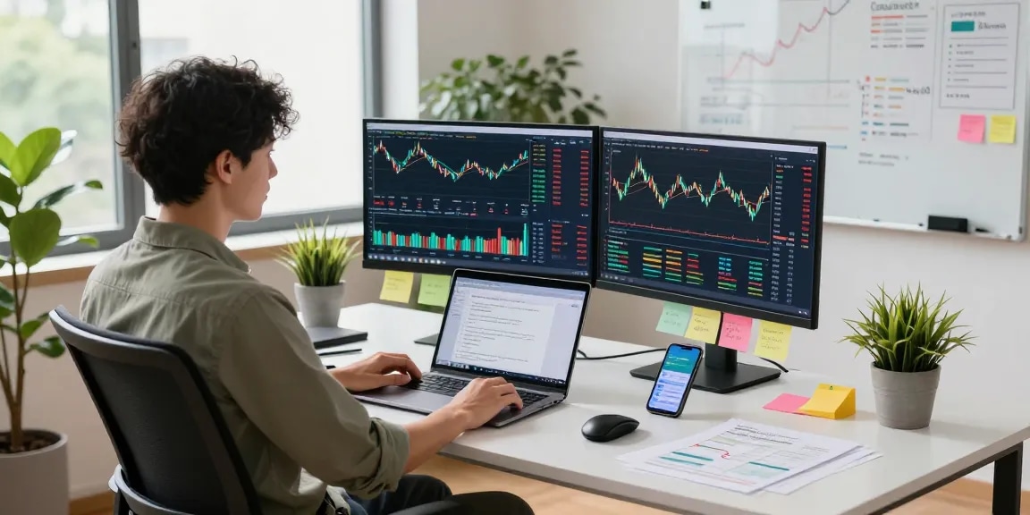 Dynamic workspace for stock analysis with Germany stock real-time API data displayed on monitors, highlighting a developer engaged in market trading.