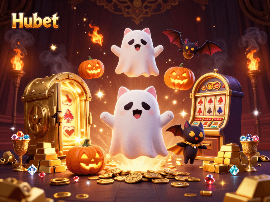 Experience thrilling games and wins at Hubet, featuring a ghost cat in a haunted casino with gold treasures.