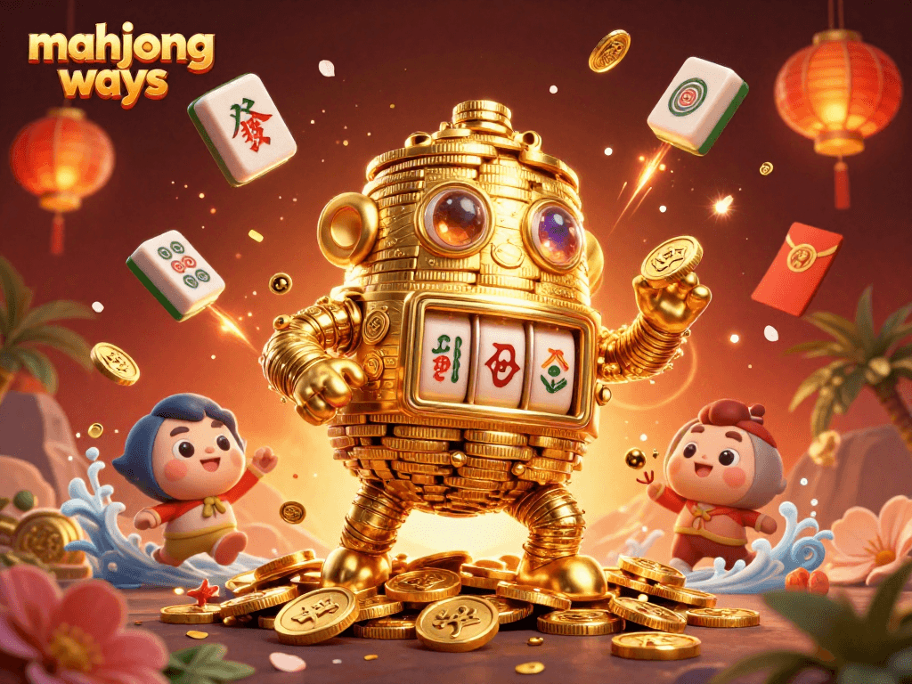 Engage in Mahjong Ways gameplay with an ancient golden golem amidst vibrant casino elements.