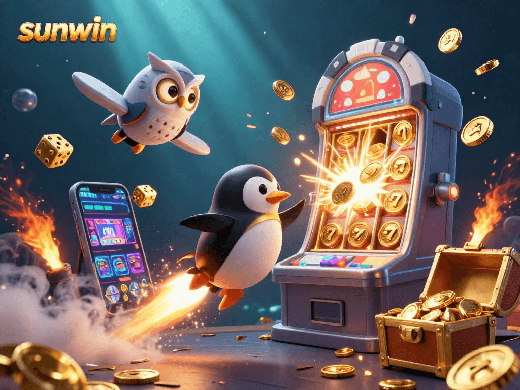 Experience the thrill of sunwin as a golden penguin rockets towards a casino station layered with vibrant gaming elements.
