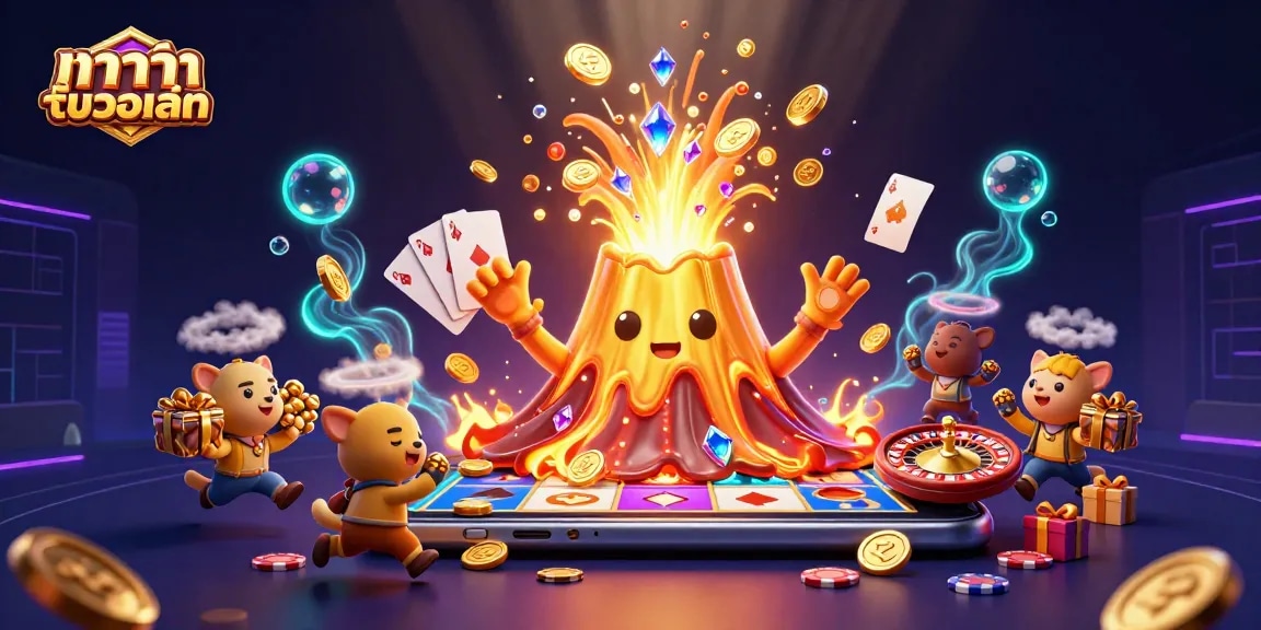 Engage with บาคาร่ารับวอเลท as a golden volcano erupts with treasure and gaming excitement.