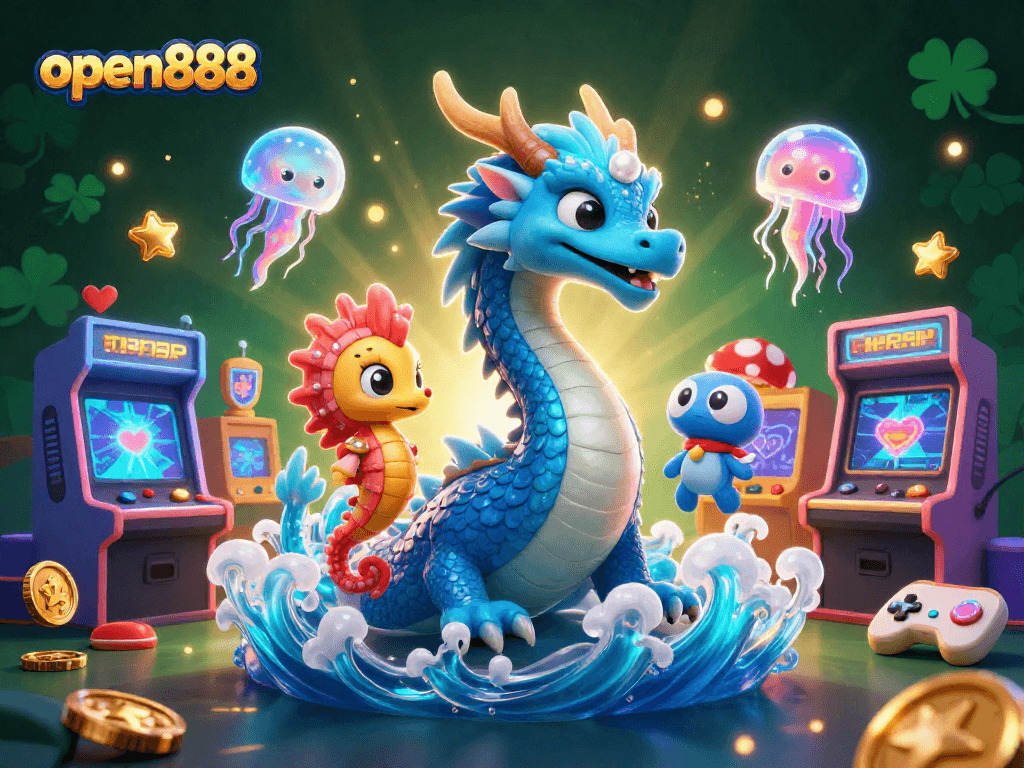 Experience the excitement of open888 with a thrilling 3D casino scene featuring vibrant creatures and games.