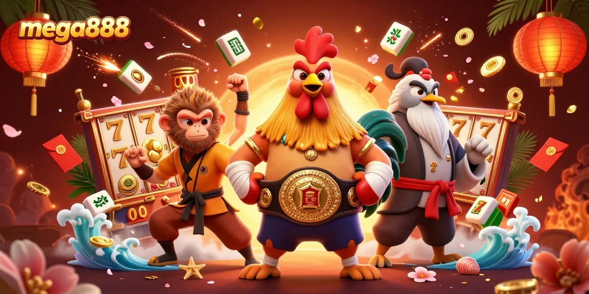 Engage with mega888 slots through a vibrant illustration featuring heroes and festive elements.