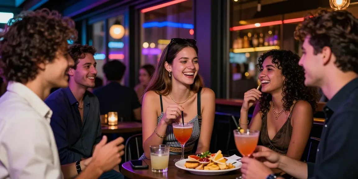 Gái gọi trong không gian thành phố sôi động, bạn bè cười đùa tại quán bar.