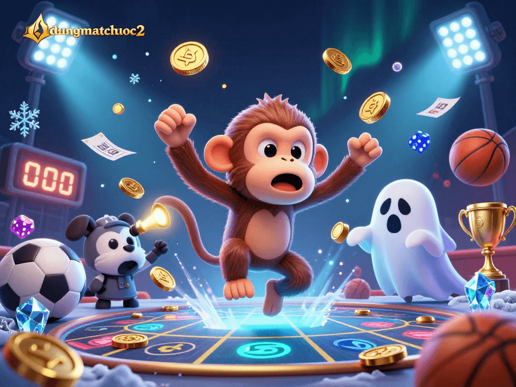 Engage with duongmatchuoc2 in a vibrant casino scene showcasing a mischievous monkey and a ghost-hunter puppy.