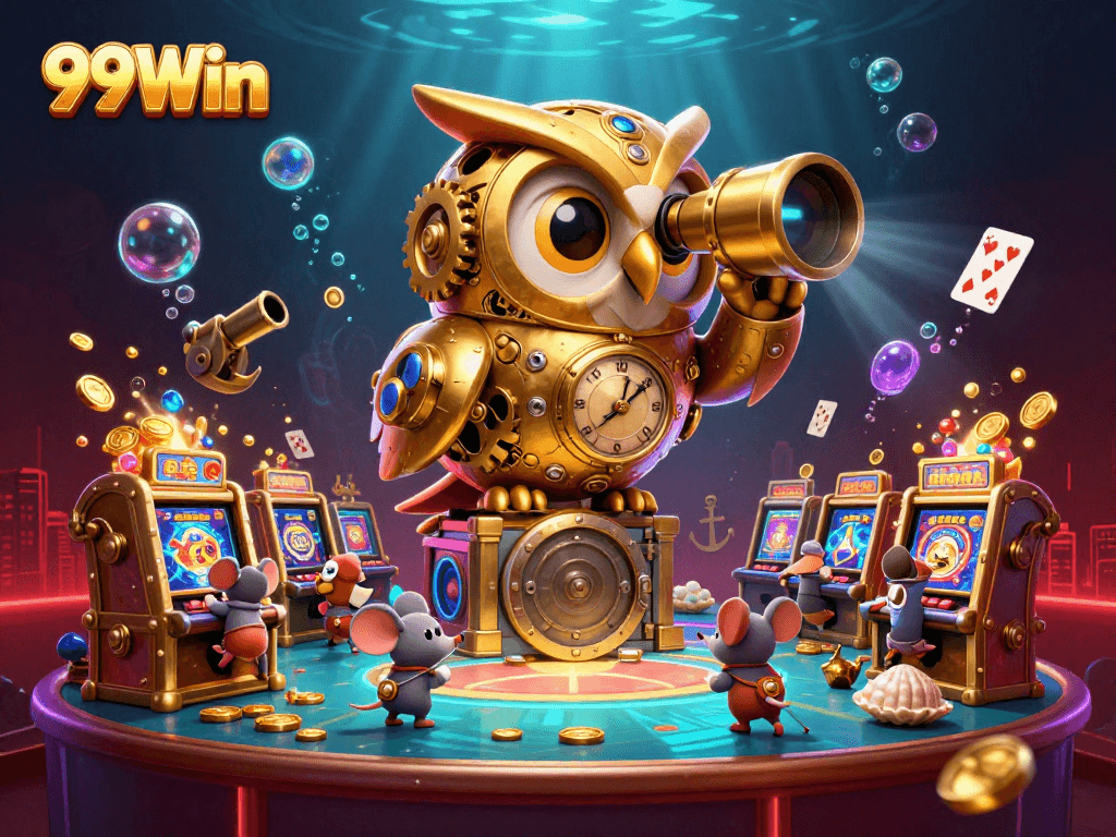 Explore the excitement of 99Win with a vibrant 3D casino scene showcasing dynamic characters and game elements.