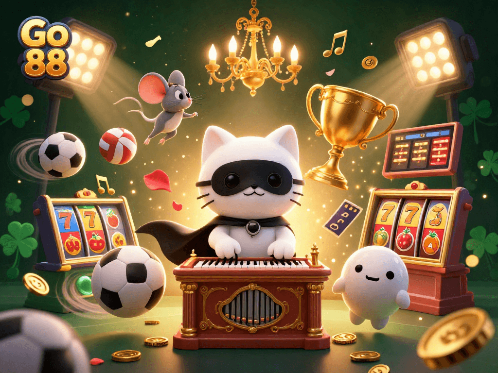 Experience the excitement of Go 88 with a vibrant 3D casino illustration featuring dynamic sports-themed elements.