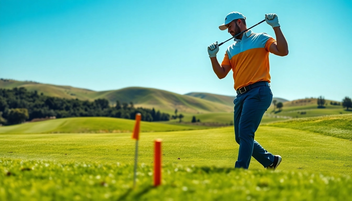 Golf player driving on a stunning course with bright sky, showcasing the sport's energy.