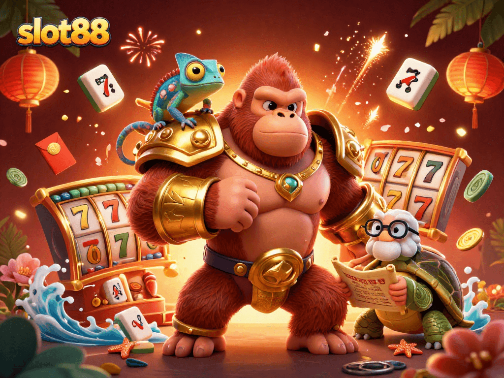 Experience excitement at slot88 with vibrant 3D casino characters amidst spinning slot reels.
