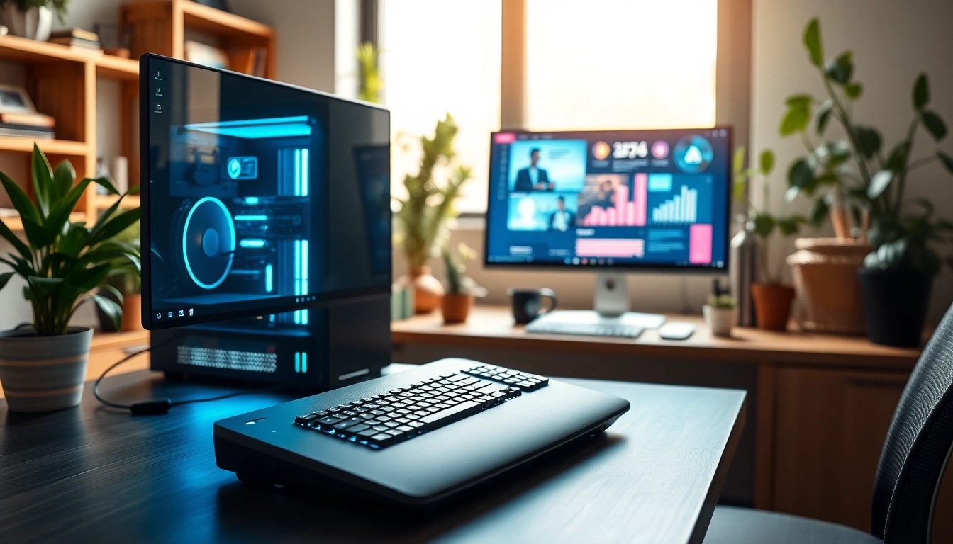 Προϊόντος pc ανακατασκευασμένος σε ένα σύγχρονο γραφείο με φυσικό φωτισμό.
