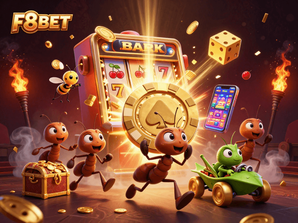 Experience thrilling gameplay at F8BET with a heist scene featuring playful ants and casino elements.