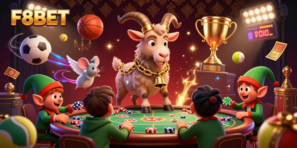 Win at F8BET's festive casino, featuring Krampus, with elf gremlins playfully stealing poker chips amidst dynamic gaming elements.