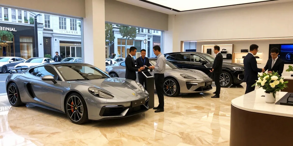 Interior showroom LUXURY 777 dengan mobil premium dan pelanggan berinteraksi