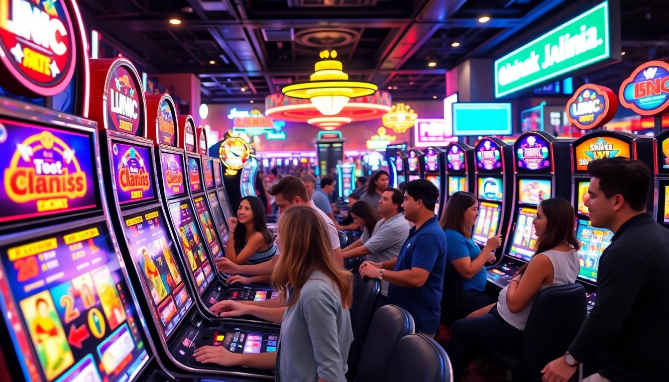 Players enjoy the excitement of slot gambling amidst colorful casino slots.