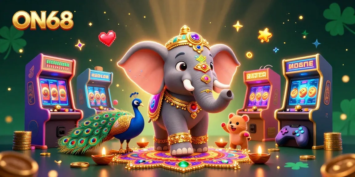 Experience the excitement of winning with ON68's vibrant 3D illustration featuring colorful game elements.