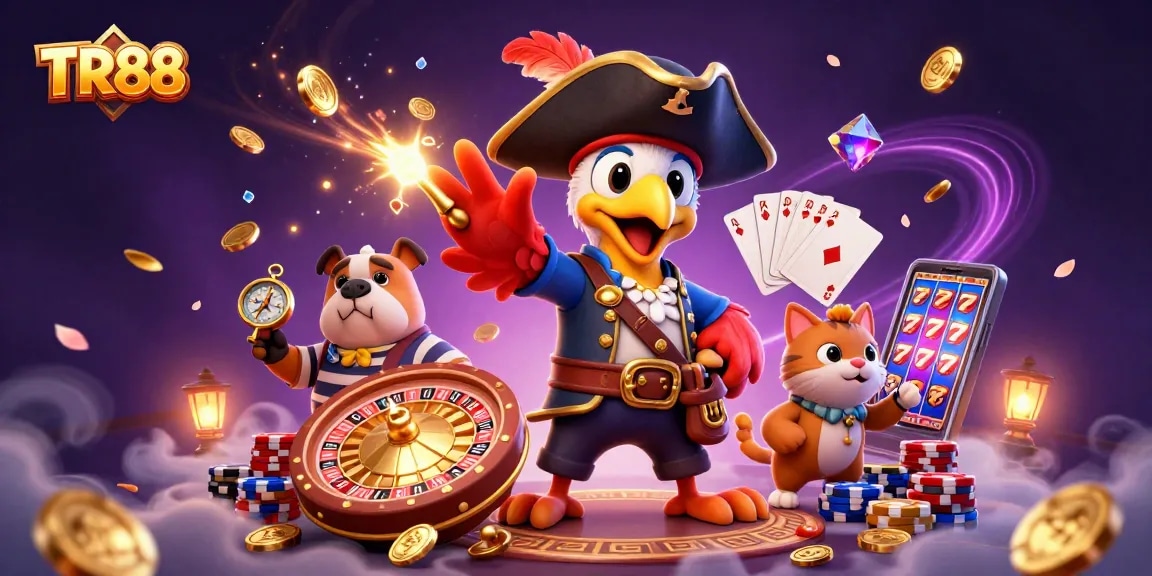 Experience excitement at TR88 with a vibrant 3D casino scene filled with characters and dynamic gambling elements.