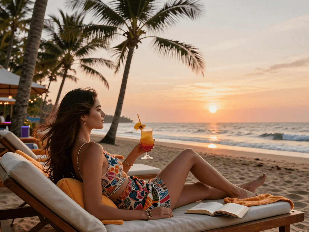 Attractive model enjoying sunset at a beachfront in Goa, representing luxury and relaxation with call girls in goa.