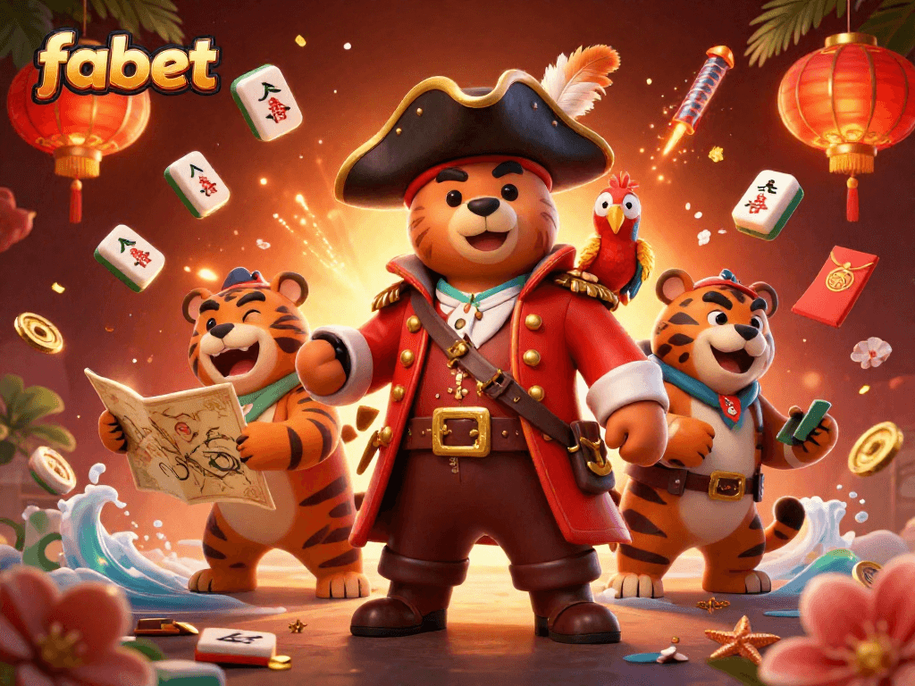 Experience thrilling gameplay at fabet with a joyful scene of a pirate bear, his tiger mate, and golden accents.