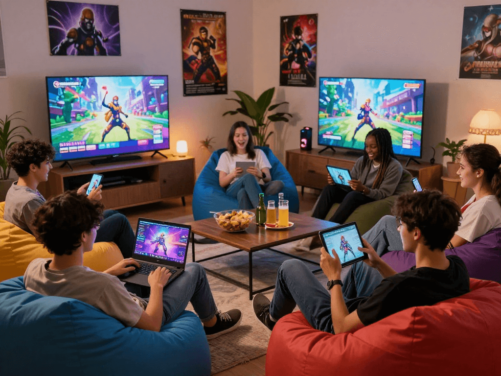 Diverse group playing engaging porn games in a cozy living room with colorful decor.