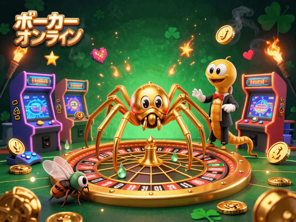 ポーカー オンラインで楽しむための楽しいキャラクターとゲームの世界を描いたイラストです。