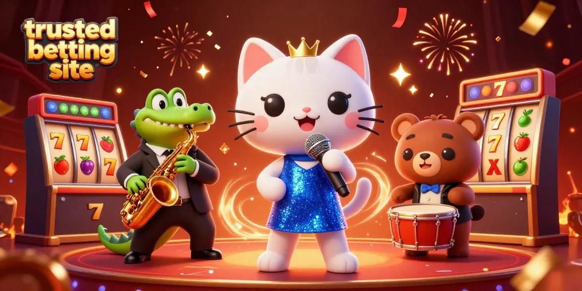 A fun depiction of a trusted betting site with cartoon characters enjoying slot games, colorful elements, and festive atmosphere.