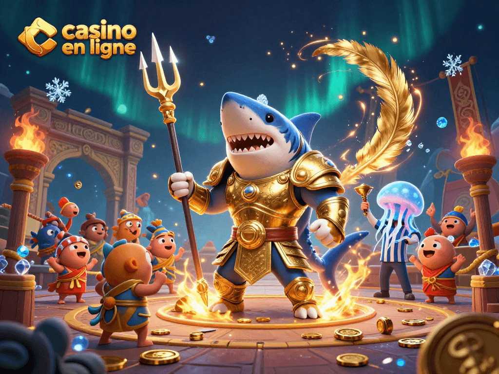 Découvrez le casino en ligne avec une illustration dynamique d'un requin tigre en armure dorée affrontant des poissons dans une arène sous-marine.