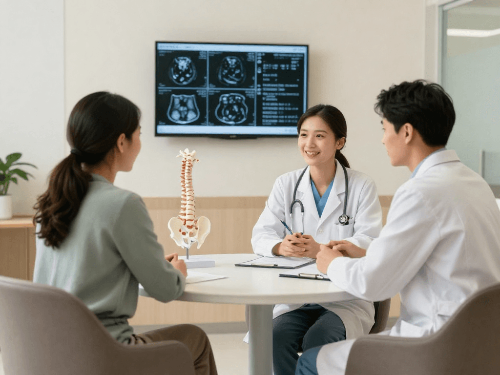 Boyun fıtığı ameliyatı consultation between doctor and patient in a modern clinic.