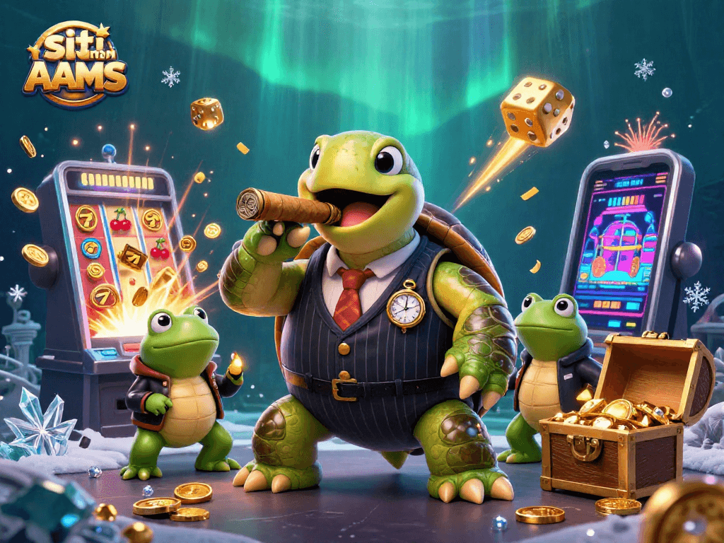 Giocando nei siti non AAMS con una tartaruga boss e rane, circondati da slot machine e tesori d'oro.