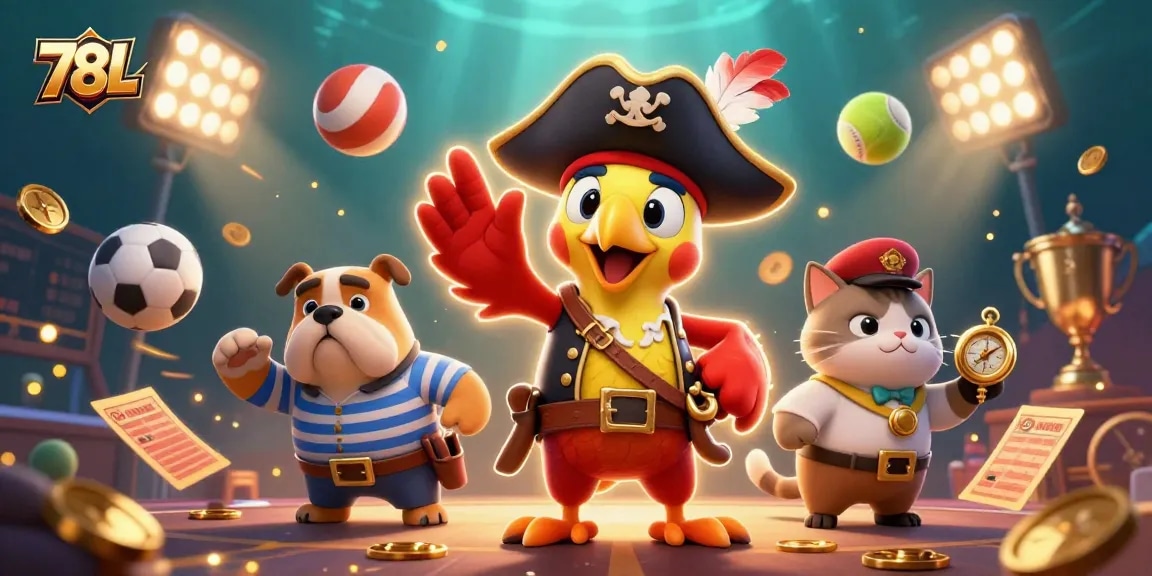 Aposte em 78L com o capitão pirata em ilustração animada 3D repleta de elementos de esporte e jogos.