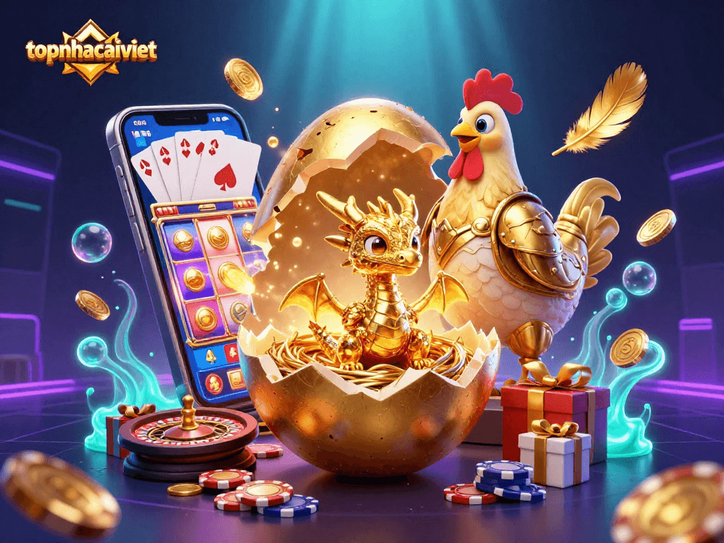 Experience winning spins with topnhacaiviet through vibrant 3D casino visuals of golden treasures and slot games.