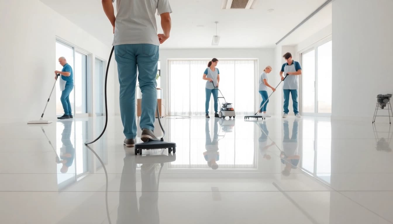 Bond cleaning team providing detailed service in a clean, well-lit room.