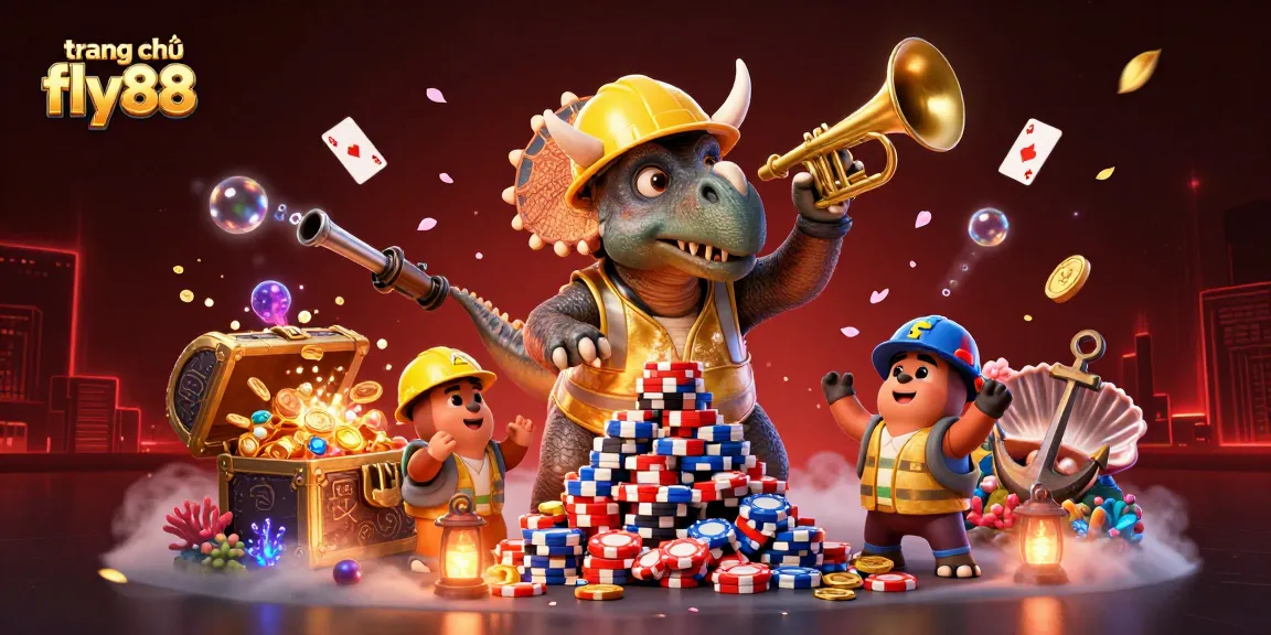 Experience fun and excitement at trang chủ fly88 with a dynamic 3D illustration of a triceratops building poker chips!