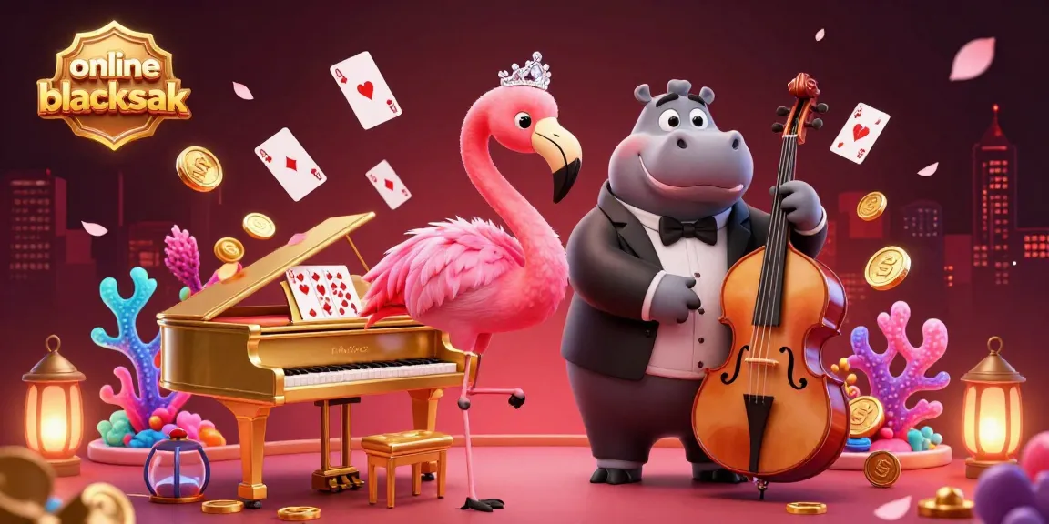 Experience the thrill of online blackjack with a vibrant 3D illustration featuring dynamic characters and casino elements.
