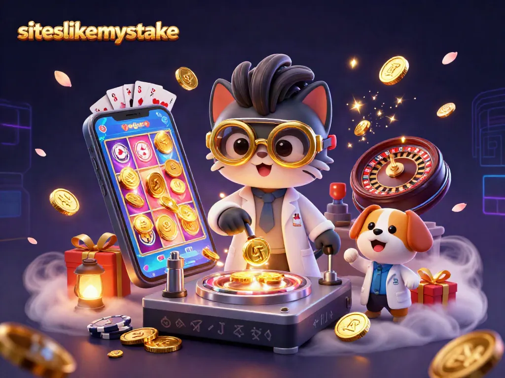 Explore siteslikemystake alternatives through a vibrant casino-themed illustration featuring gaming elements and dynamic characters.