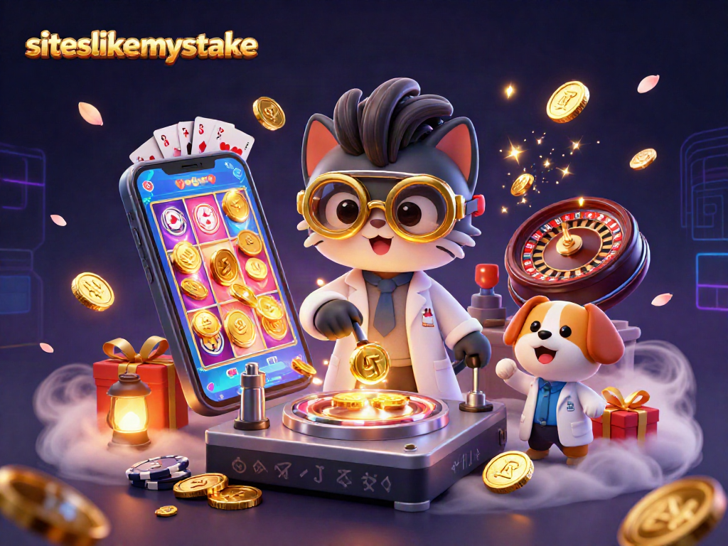 Explore siteslikemystake alternatives through a vibrant casino-themed illustration featuring gaming elements and dynamic characters.