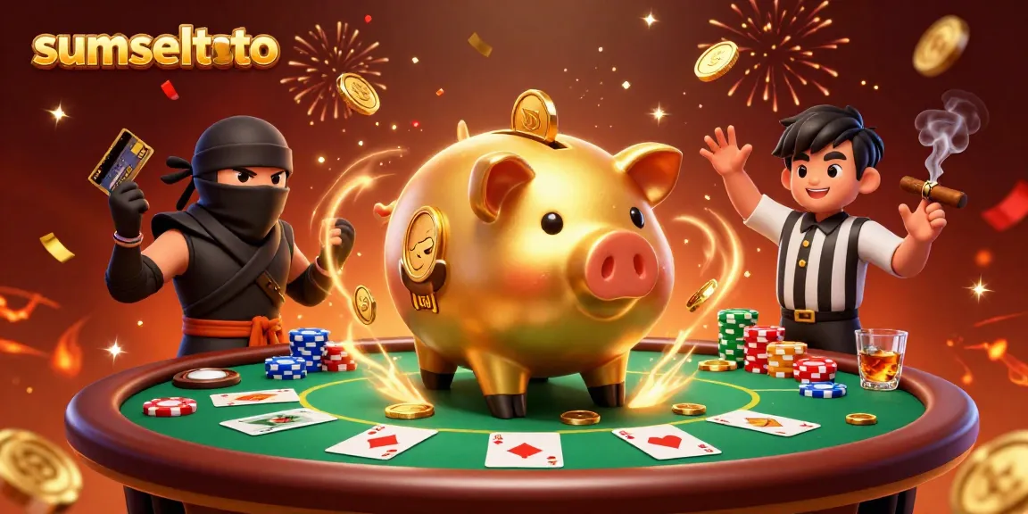 Experience the thrilling world of sumseltoto with a vibrant casino showdown featuring a golden piggy bank sumo wrestler, a wallet ninja, and a credit card samurai.