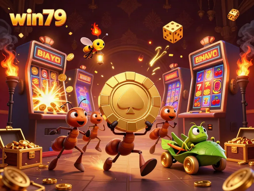 Experience thrilling gameplay with win79 featuring cartoon ants heisting a giant poker chip amidst casino excitement.