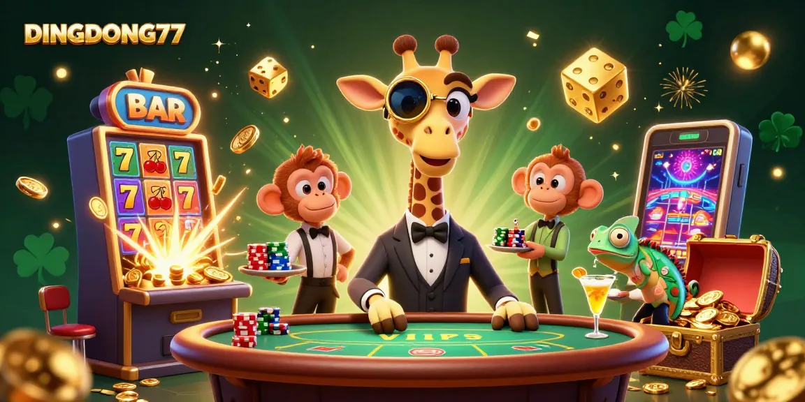 DINGDONG77 showcases a vibrant casino scene with a high-roller giraffe, money, and excitement.