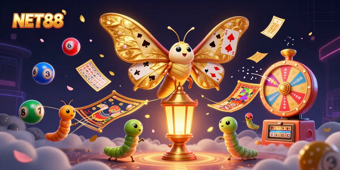 NET88 captivates with a vibrant 3D illustration of a golden-winged moth amidst dynamic casino elements.