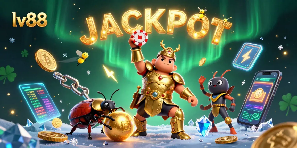 Experience winning moments with lv88 as cartoon beetles celebrate a jackpot with vibrant casino elements.