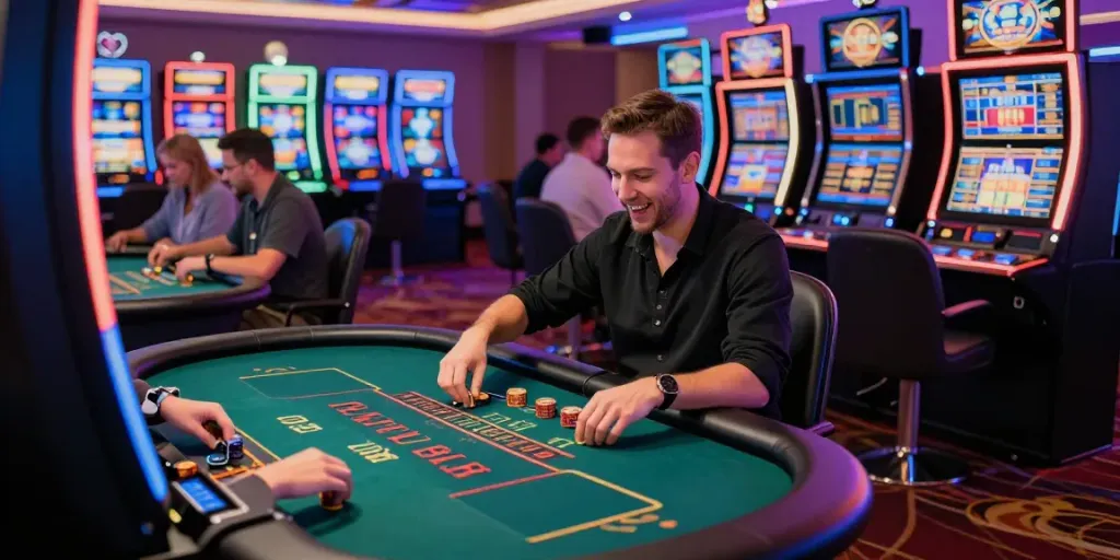 Không khí sống động của vvwin trong sòng bạc trực tuyến với người chơi tham gia trò chơi blackjack.