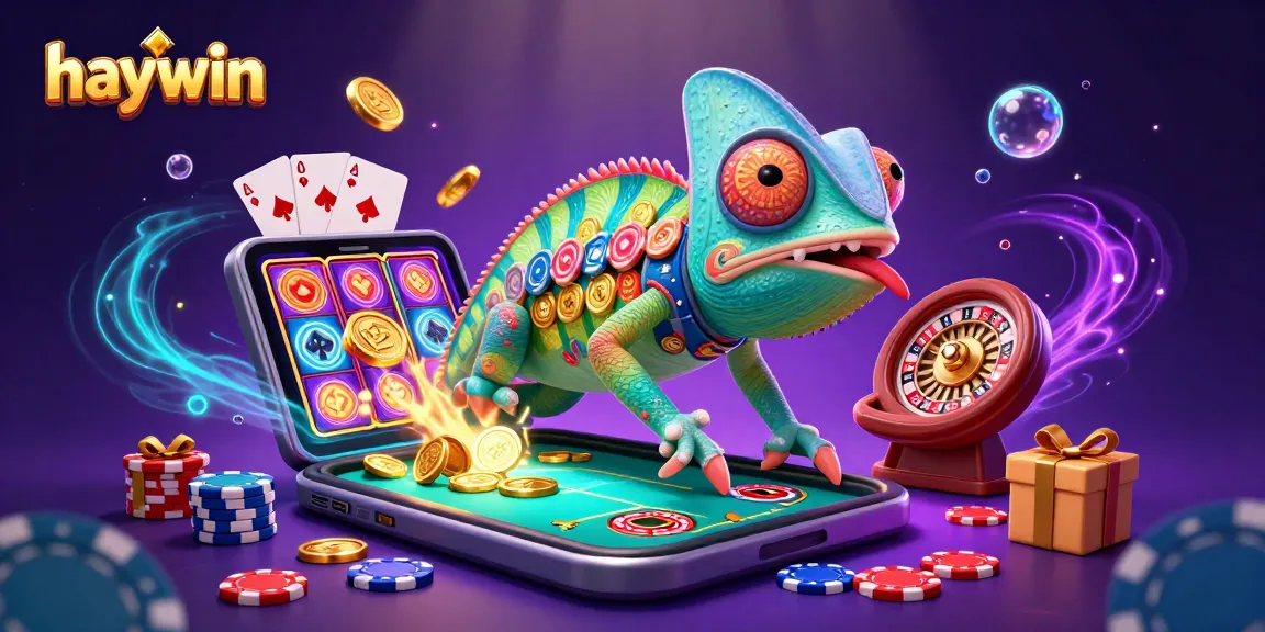 Experience winning excitement at haywin with the chameleon casino owner capturing golden coins in a vibrant gaming scene.