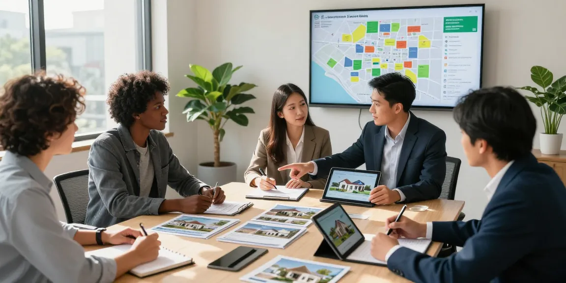Equipe da woningunie discutindo imóveis em escritório moderno
