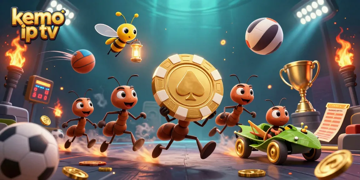 Kemo ip tv delivers an exciting gaming experience with ants stealing a giant poker chip in a vibrant animated scene.