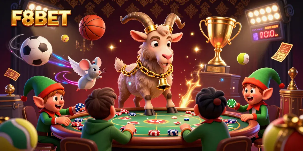 Win at F8BET's festive casino, featuring Krampus, with elf gremlins playfully stealing poker chips amidst dynamic gaming elements.