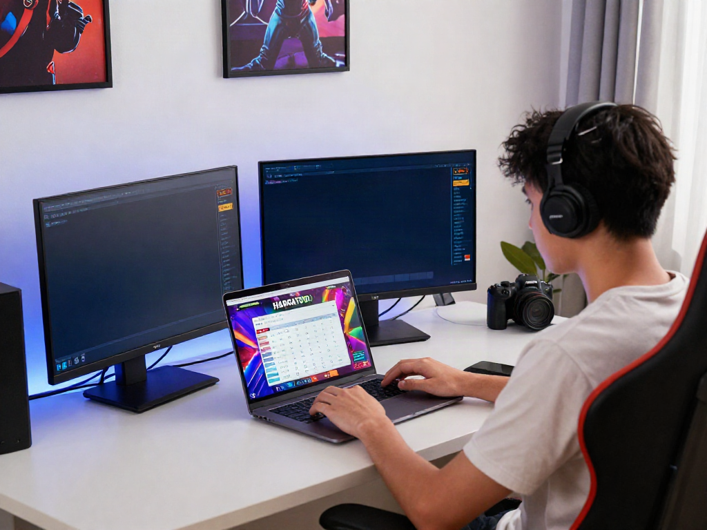 Engaged user accessing harga toto on HARGATOTO site from a modern home office.