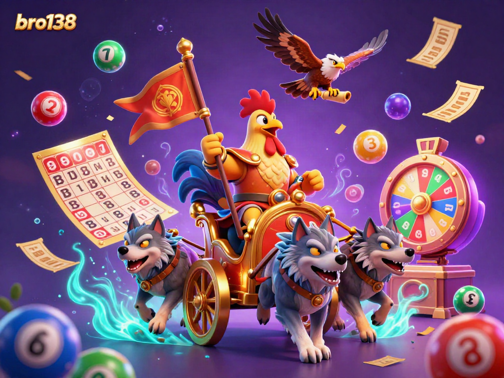 Experience the excitement of bro138 with a vibrant, detailed illustration featuring a rooster warlord in a golden chariot.